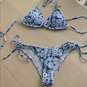 SHEIN Blue and White Floral Smocked Triangle Bikini